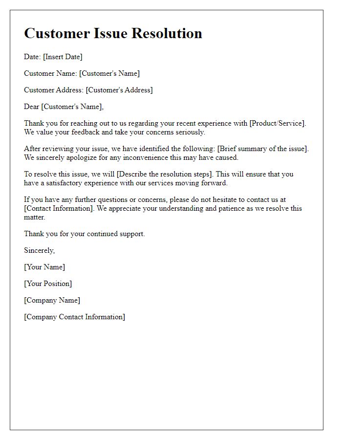Letter template of customer issue resolution