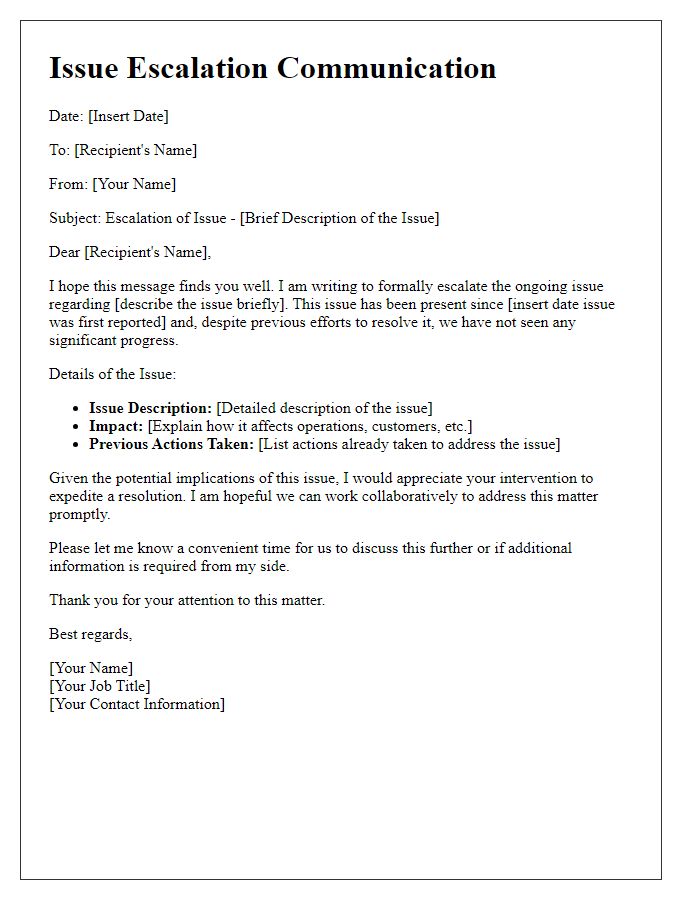 Letter template of issue escalation communication