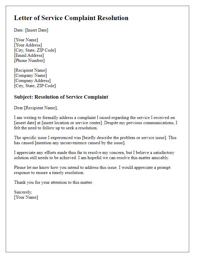 Letter template of service complaint resolution