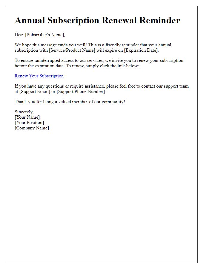 Letter template of annual subscription renewal reminder.
