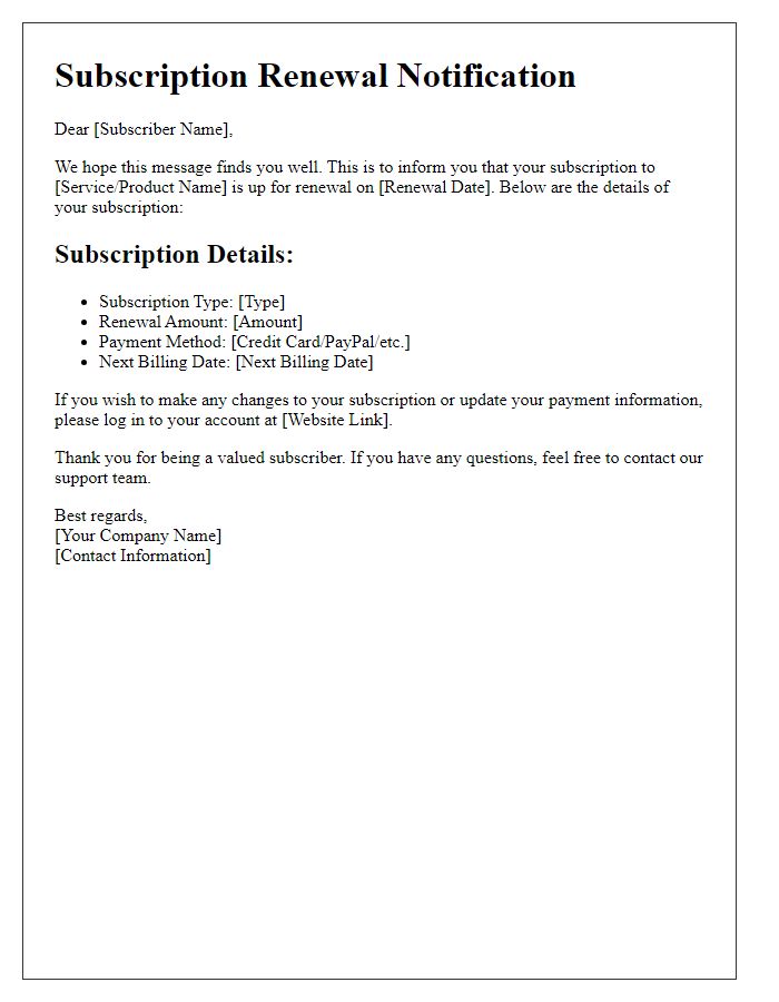 Letter template of renewal details for your subscription.