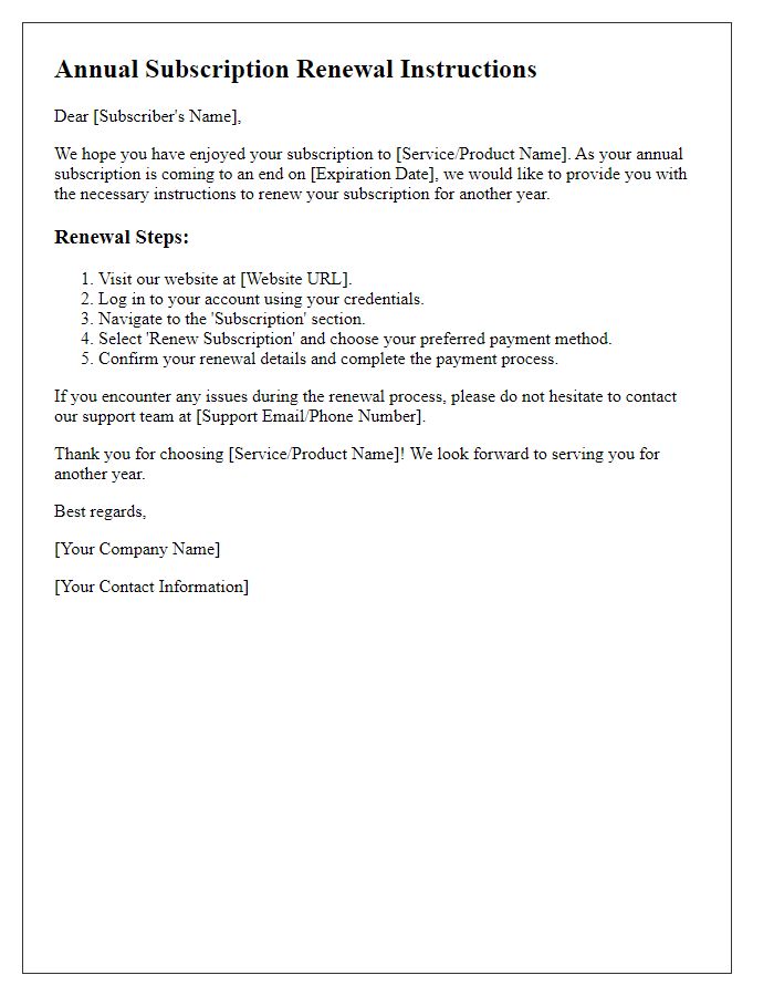 Letter template of renewal instructions for annual subscription.