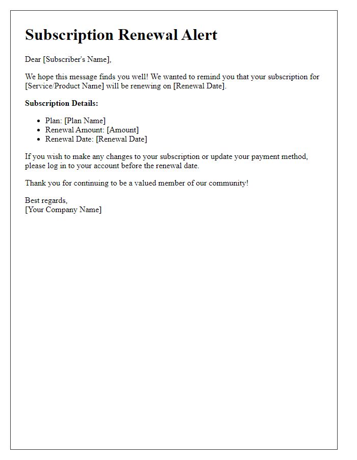 Letter template of upcoming subscription renewal alert.