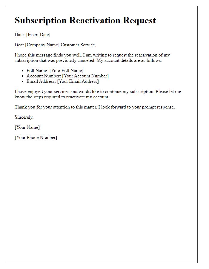 Letter template of canceled subscription reactivation