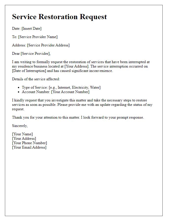 Letter template of service restoration request