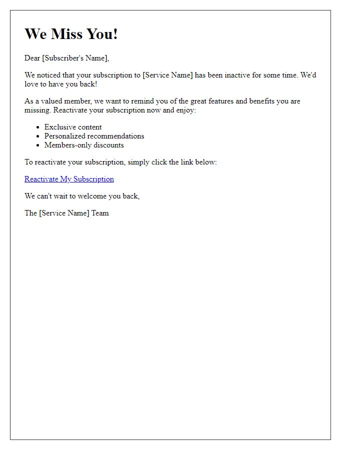 Letter template of subscription reactivation reminder