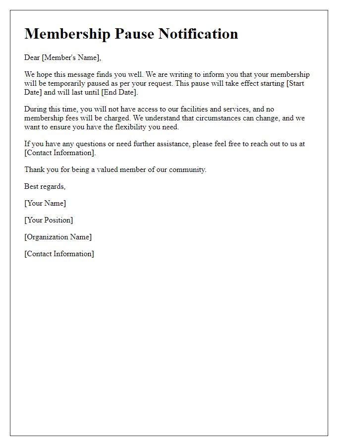 Letter template of membership pause notification