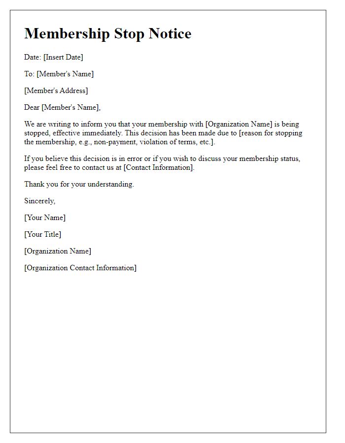 Letter template of membership stop notice