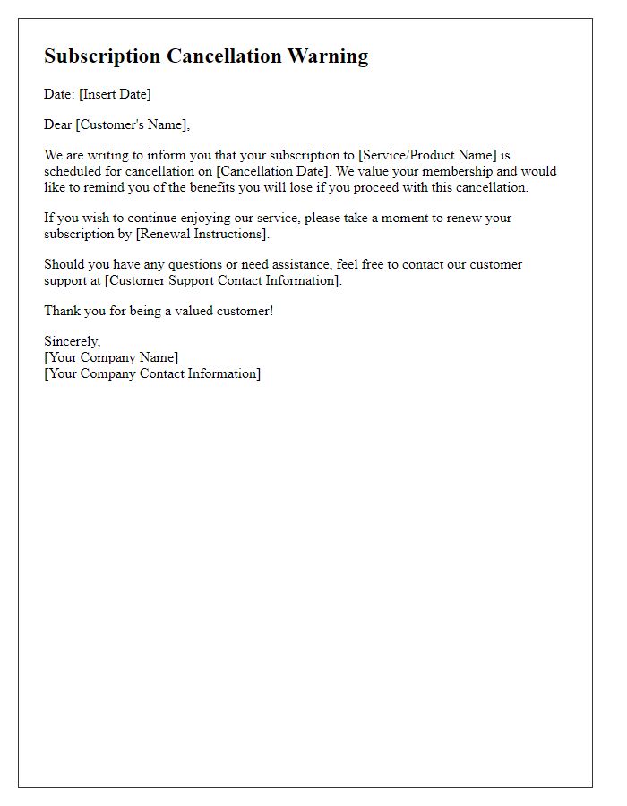 Letter template of subscription cancellation warning