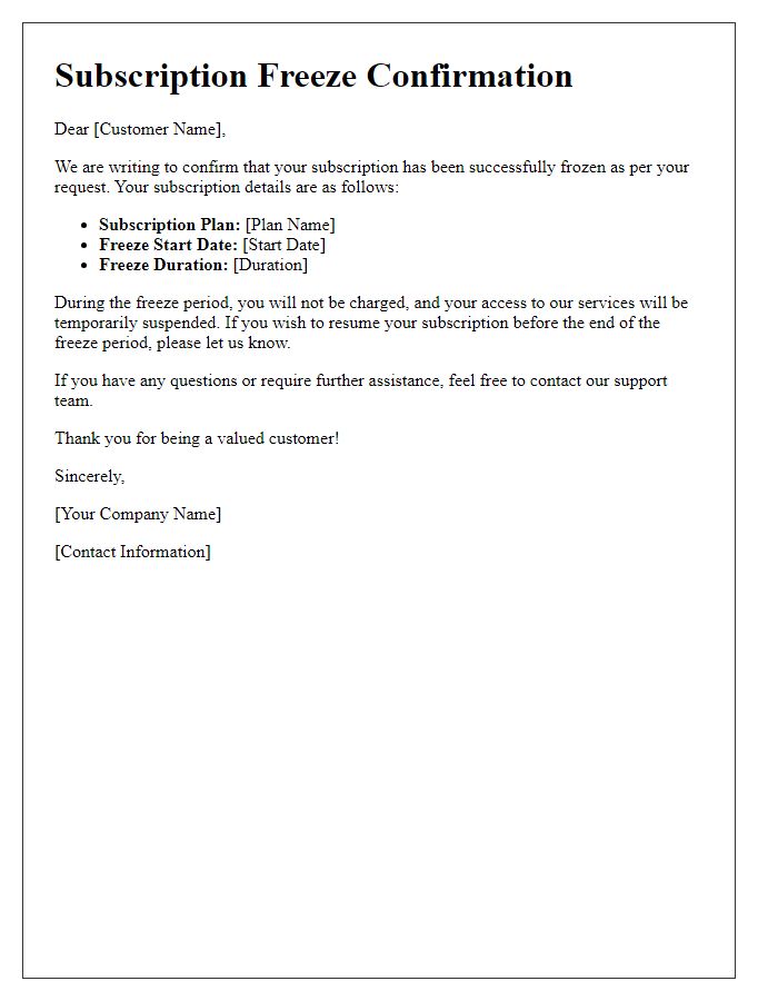 Letter template of subscription freeze confirmation