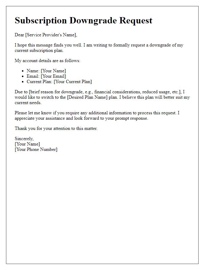 Letter template of subscription service downgrade request