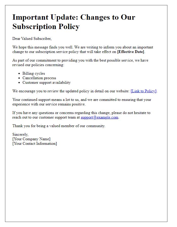 Letter template of subscription service policy change announcement