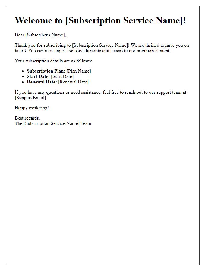 Letter template of subscription service welcome message