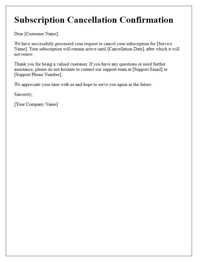 Letter template of subscription service cancellation confirmation