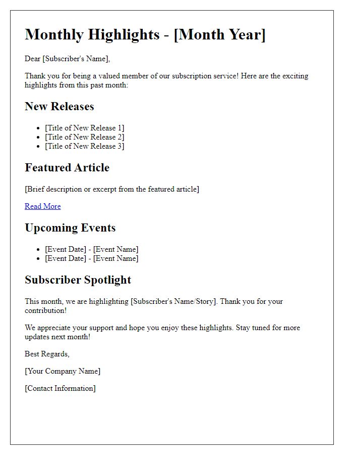 Letter template of subscription service monthly highlights