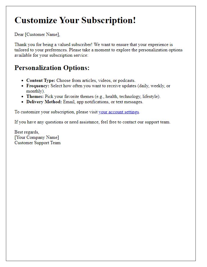 Letter template of subscription service personalization options