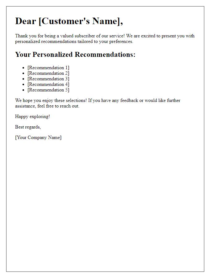 Letter template of subscription service personalized recommendations