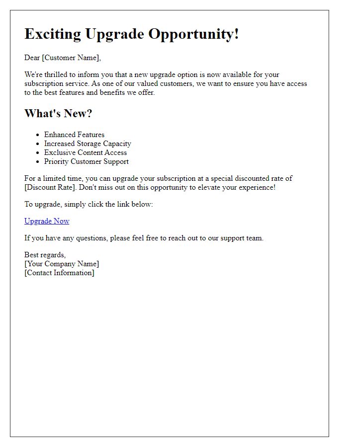 Letter template of subscription service upgrade opportunity