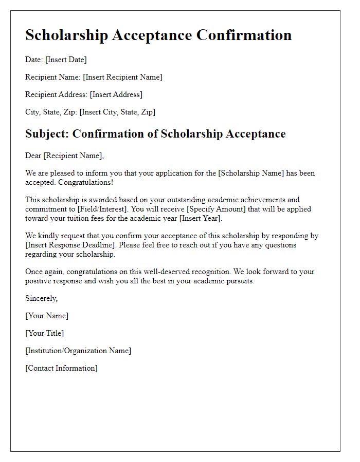 Letter template of scholarship application acceptance confirmation