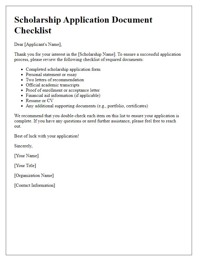 Letter template of scholarship application documents checklist