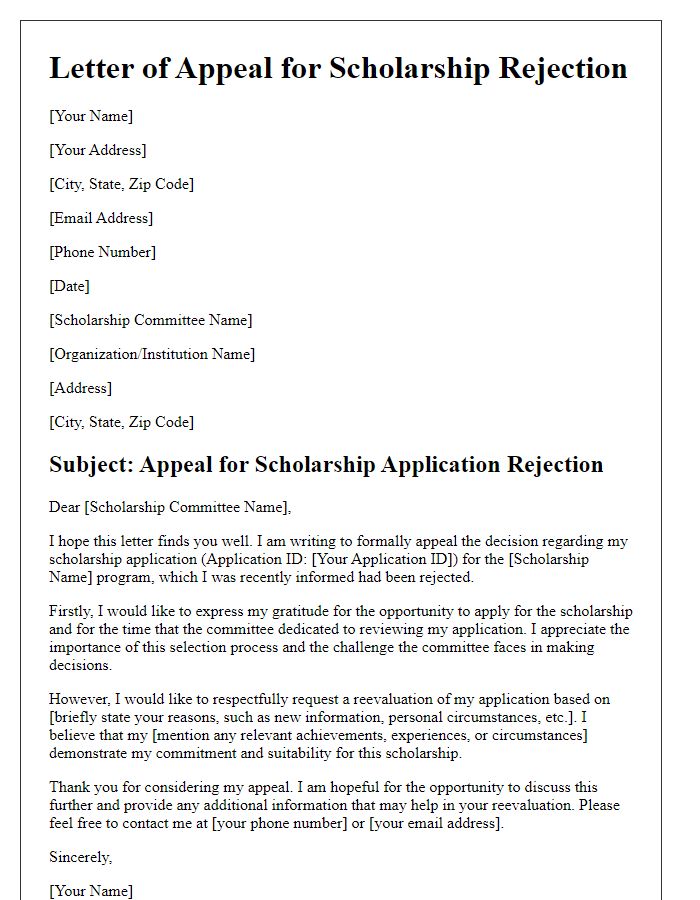 Letter template of scholarship application rejection appeal