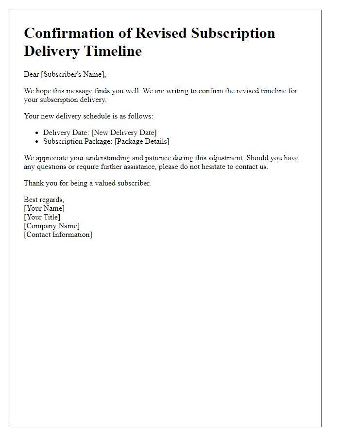 Letter template of confirmation for revised subscription delivery timeline