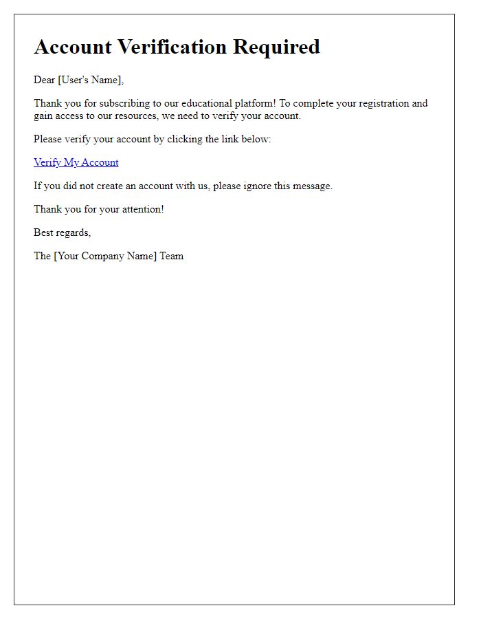 Letter template of subscription account verification for educational purposes