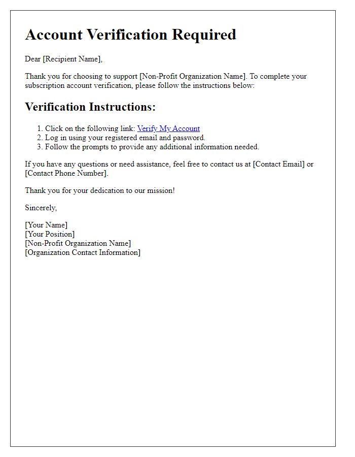 Letter template of subscription account verification for non-profit organizations