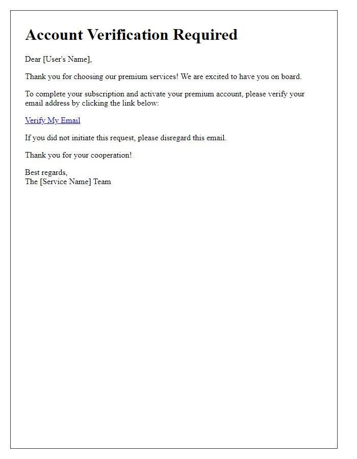 Letter template of subscription account verification for premium services