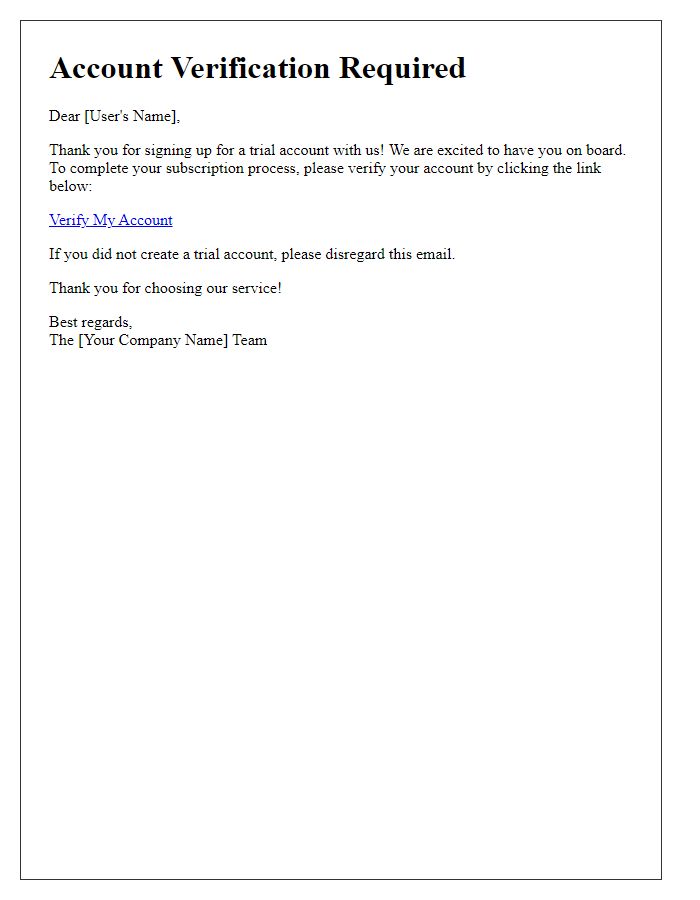 Letter template of subscription account verification for trial account