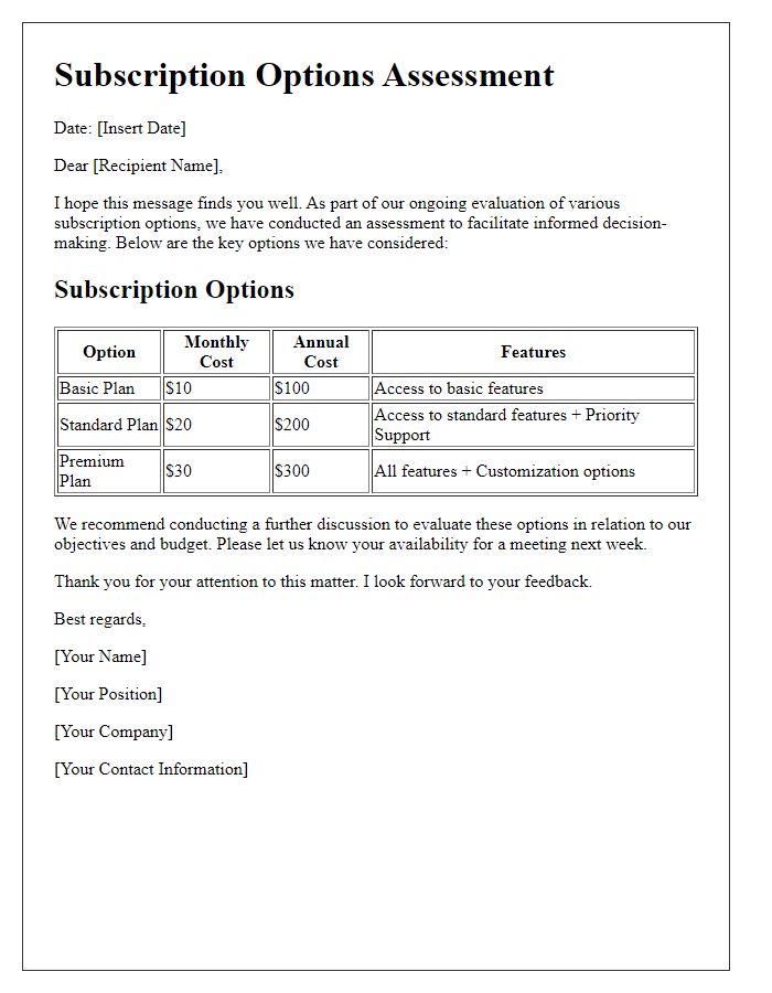 Letter template of subscription options assessment for decision-making