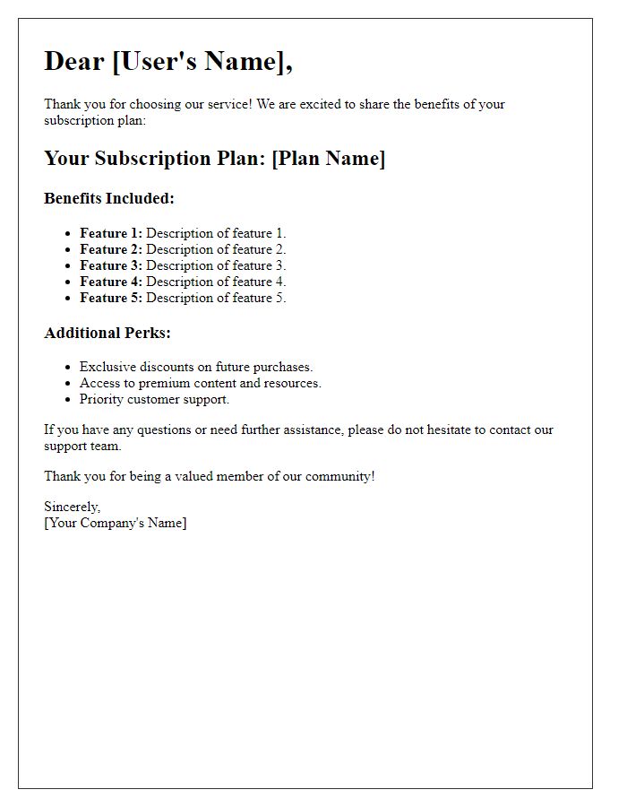 Letter template of subscription plan benefits breakdown for users