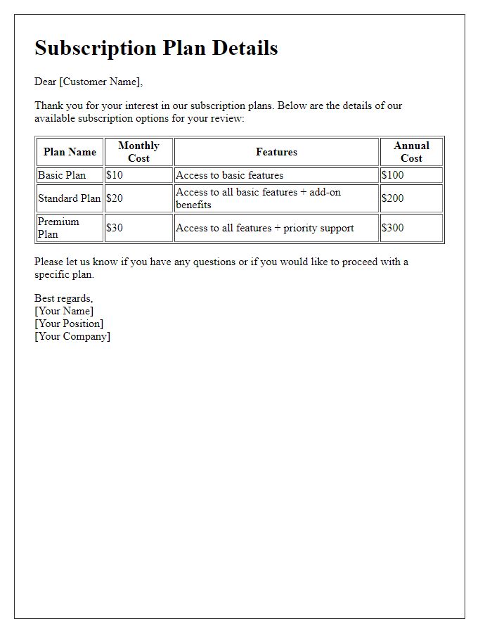 Letter template of subscription plan details for comparison