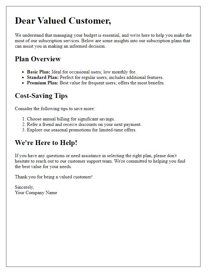 Letter template of subscription plan insights for budget-conscious customers