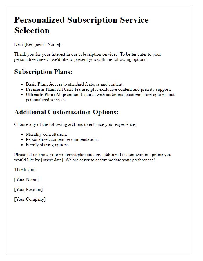 Letter template of subscription service choices for personalized needs