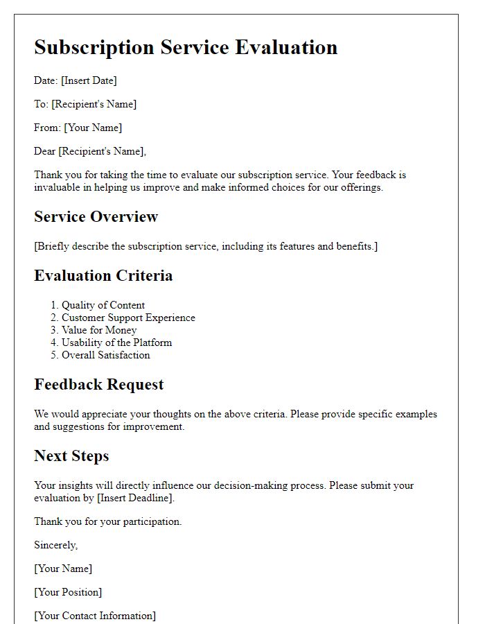 Letter template of subscription service evaluation for informed choices