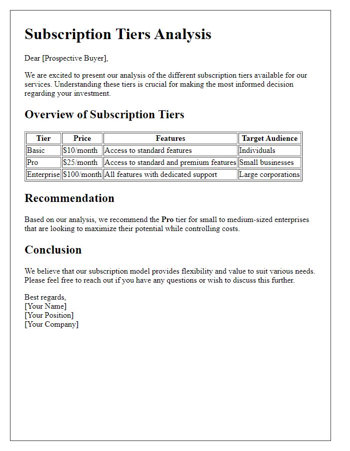 Letter template of subscription tiers analysis for prospective buyers