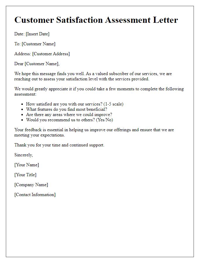 Letter template of satisfaction assessment for subscription services.