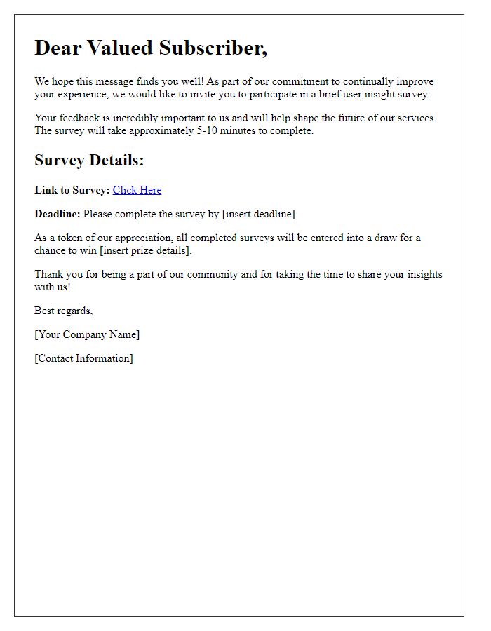 Letter template of user insight survey for subscription members.