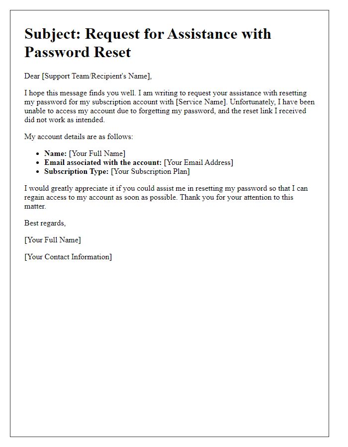 Letter template of appeal for assistance with subscription password reset