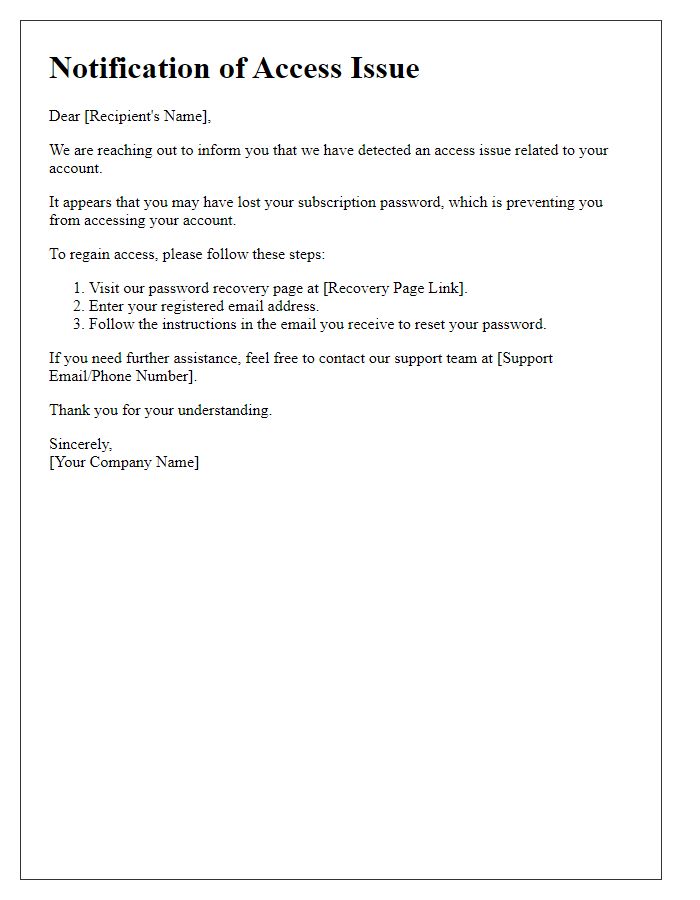 Letter template of notification for access issue with lost subscription password