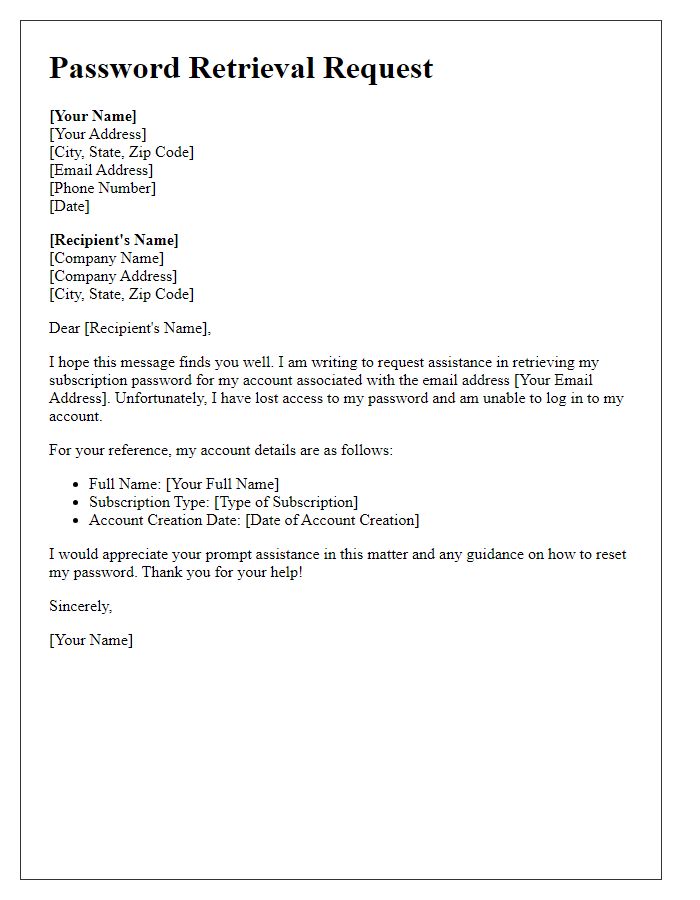 Letter template of request for lost subscription password retrieval