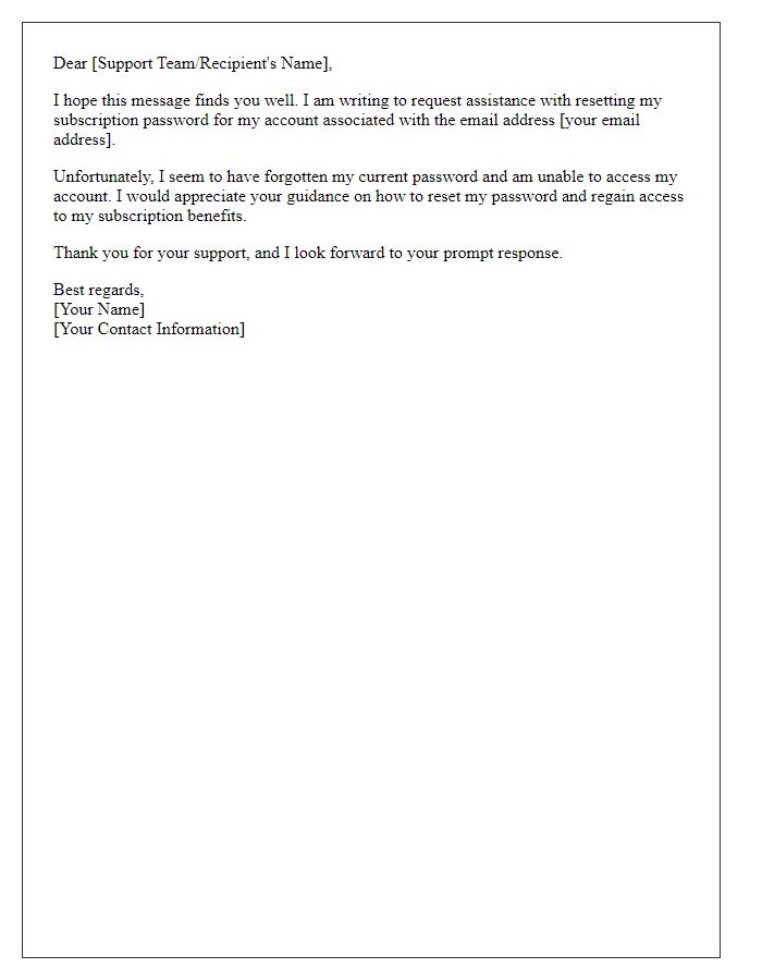 Letter template of support request for forgotten subscription password