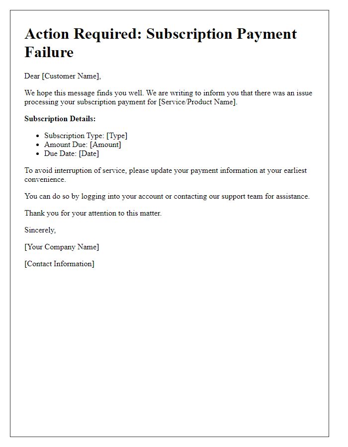 Letter template of action required for subscription payment failure