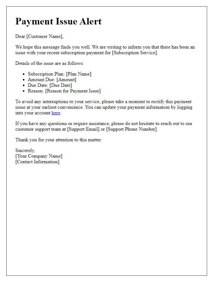 Letter template of alert for payment issue on subscription