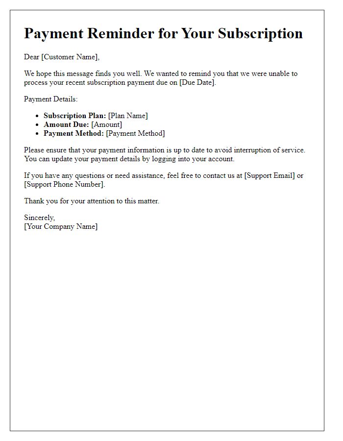 Letter template of failed subscription payment reminder