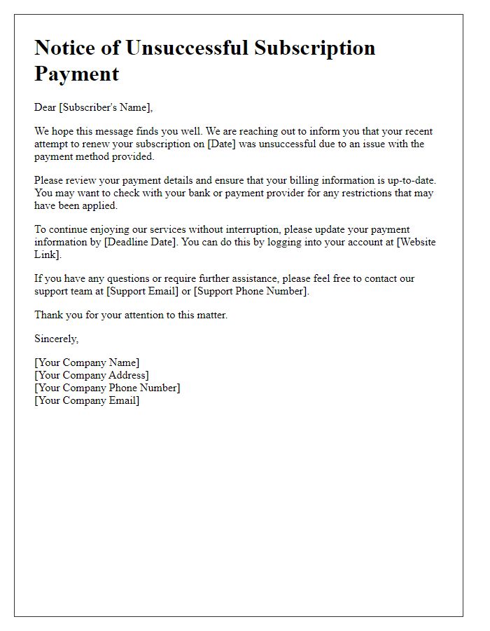 Letter template of notice for unsuccessful subscription payment