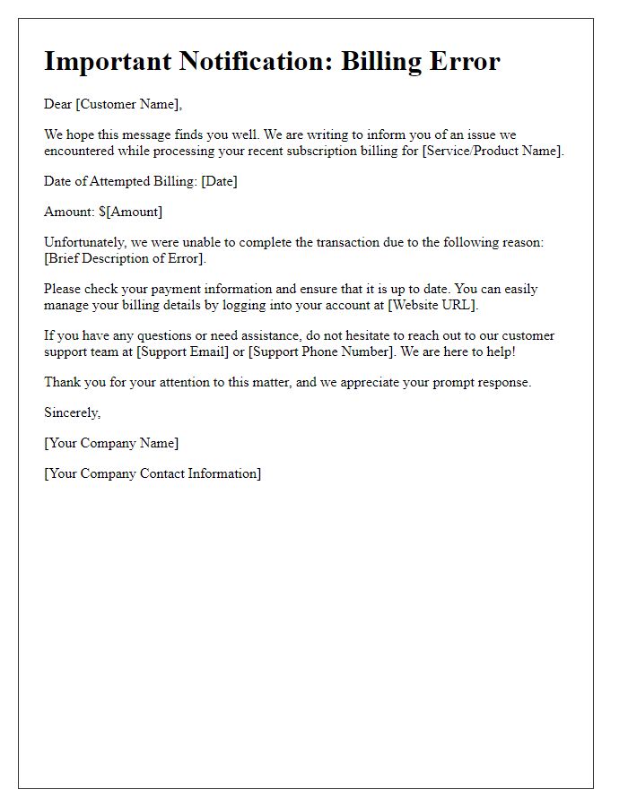 Letter template of subscription billing error notification