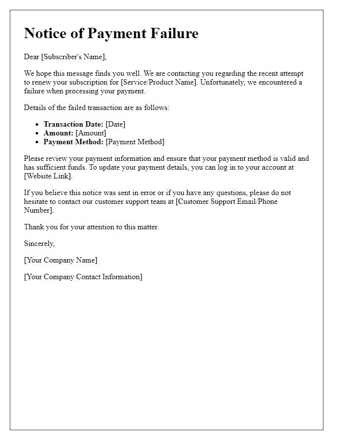 Letter template of subscription renewal payment failure notice