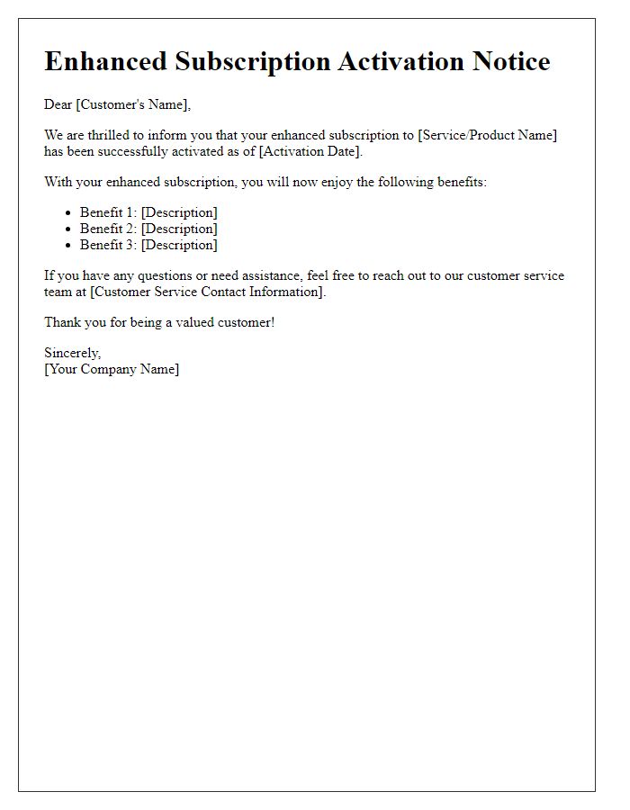 Letter template of enhanced subscription activation notice